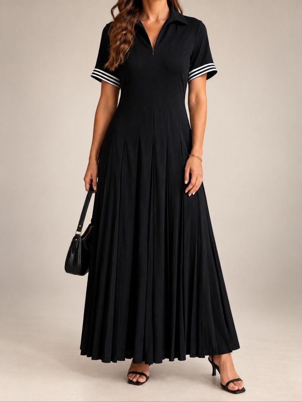 Cynthia Howie Boutique Black Pleated Maxi Dress Size 12 White Stripe